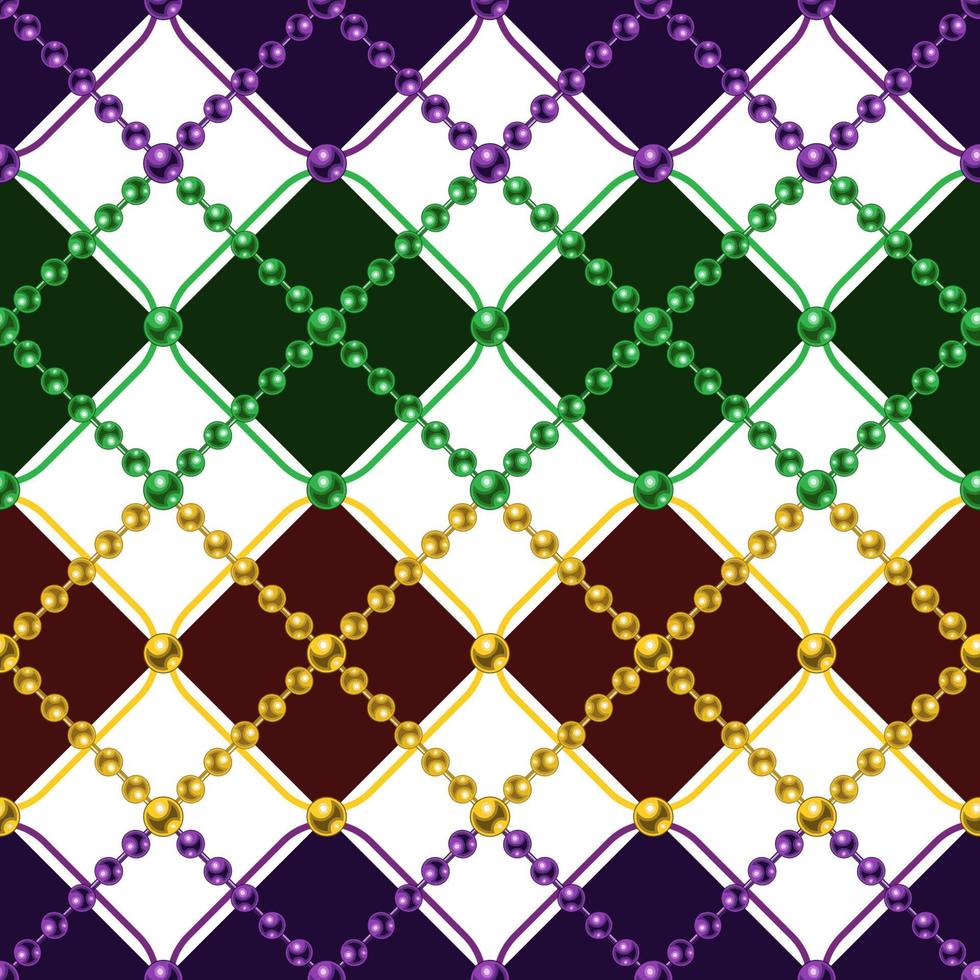 Argile seamless pattern with string of beads. Mardi gras decoration. Diagonal square grid. Vector illustration for print, fabric, textile. Vector illustration.