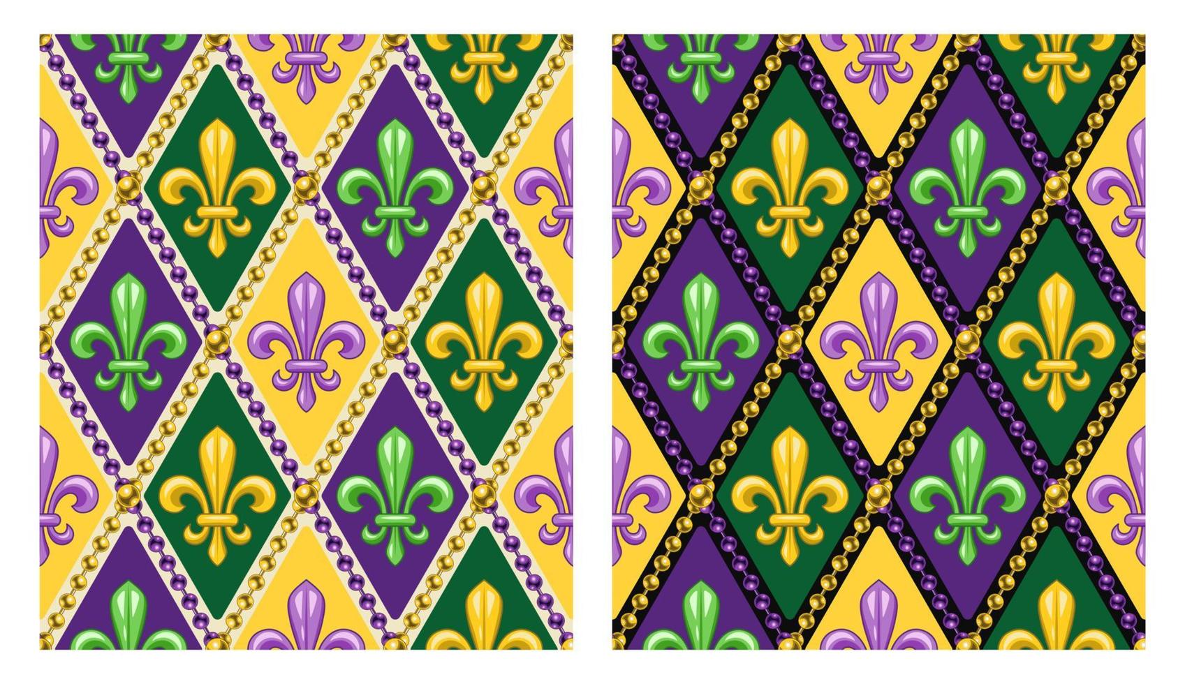 Set of geometric patterns with fleur de lis symbol. Diagonal rhombus grid. Illustration for Mardi Gras carnival. Vintage illustration for prints, clothing, holiday, surface design vector