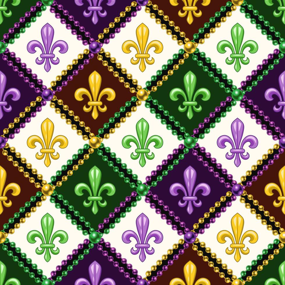 Geometric pattern with fleur de lis symbol. Diagonal square grid. Illustration for Mardi Gras carnival. Vintage illustration for prints, clothing, holiday, surface design vector