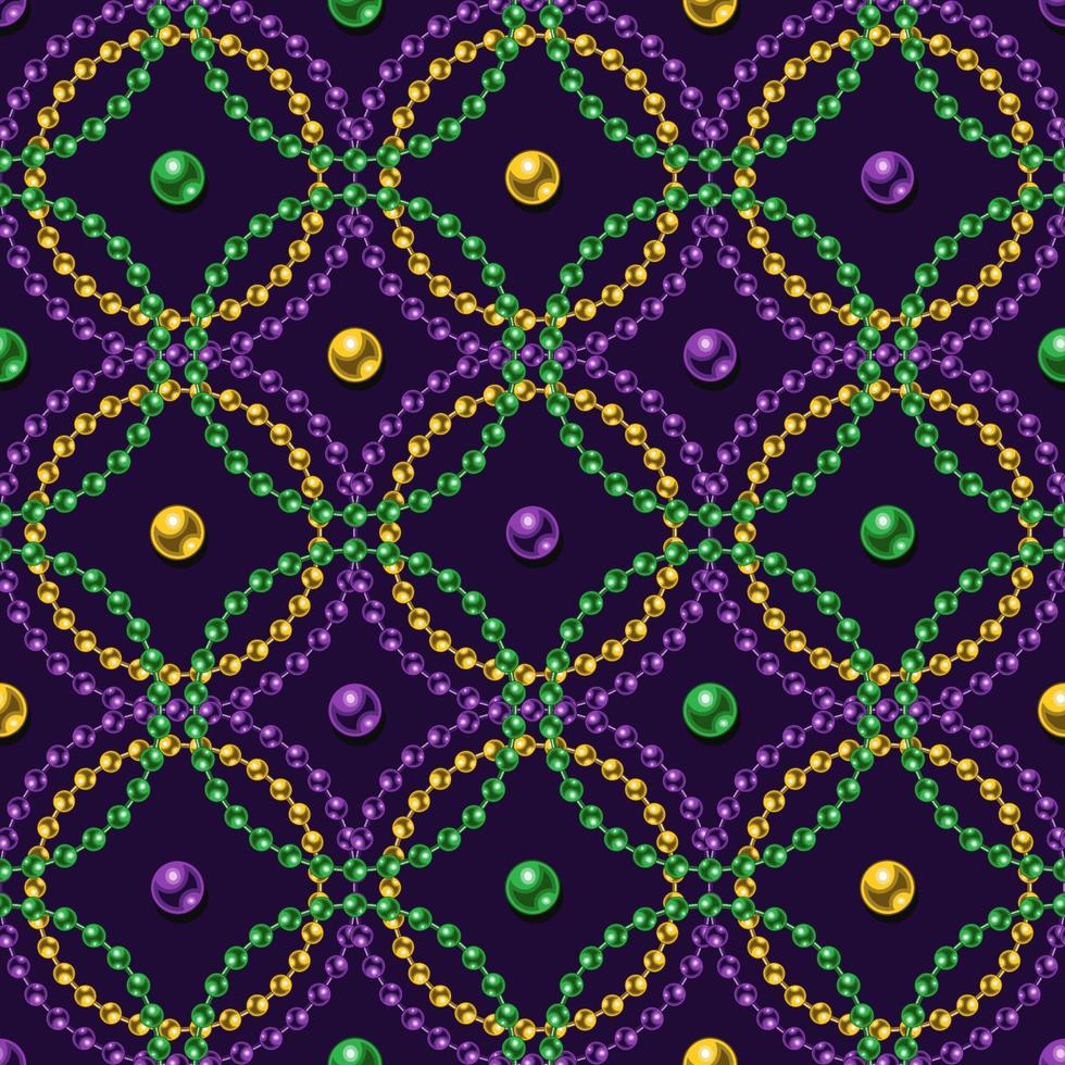 Seamless geometric pattern with strings of beads, intricate overlapping circles on black background. Mardi gras background. vector