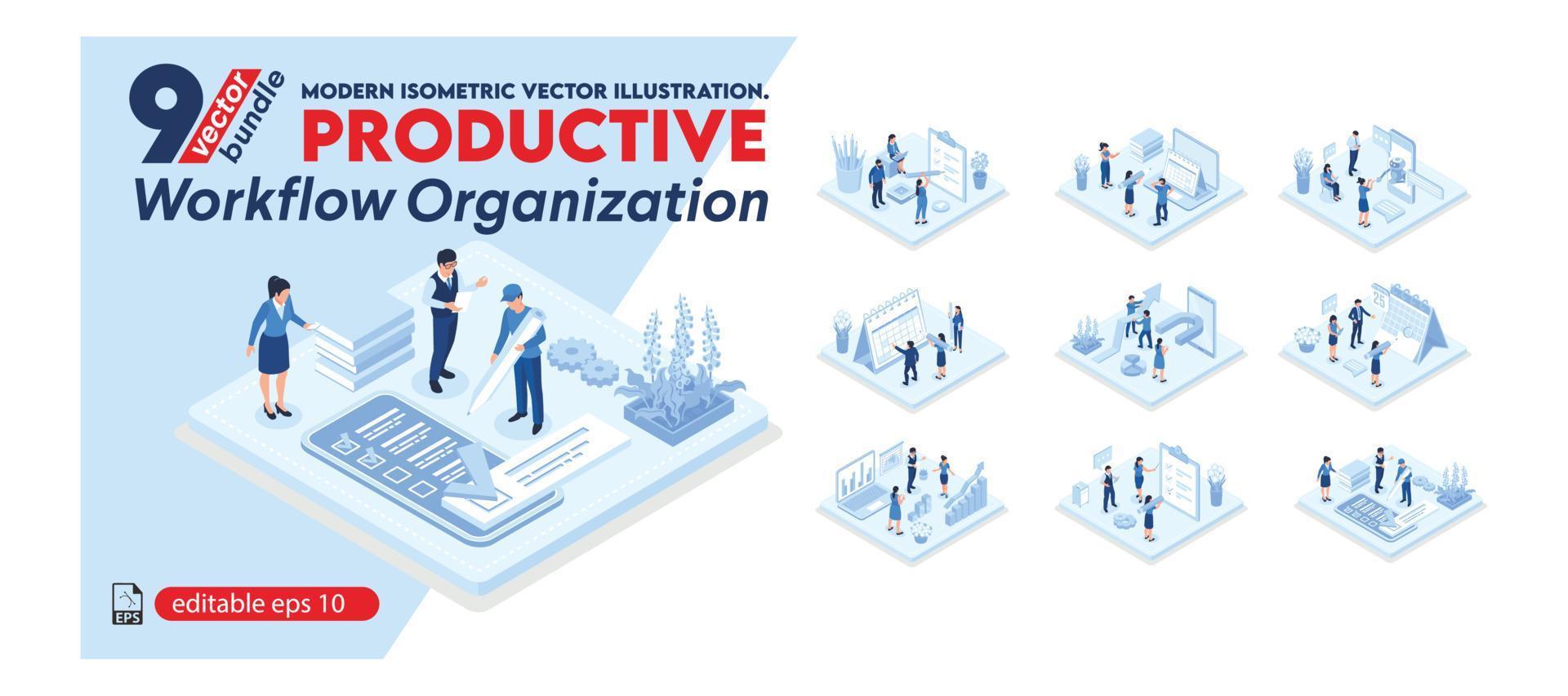 Productive Workflow Organization.  Collection of scenes with people organizing and improving their workflow and workplace. business isometric bundle illustration vector