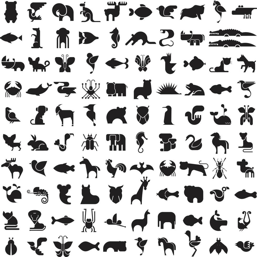 Big bundle of funny domestic and wild animals, marine mammals, reptiles, birds and fish. Collection of cute cartoon characters isolated on white background. vector