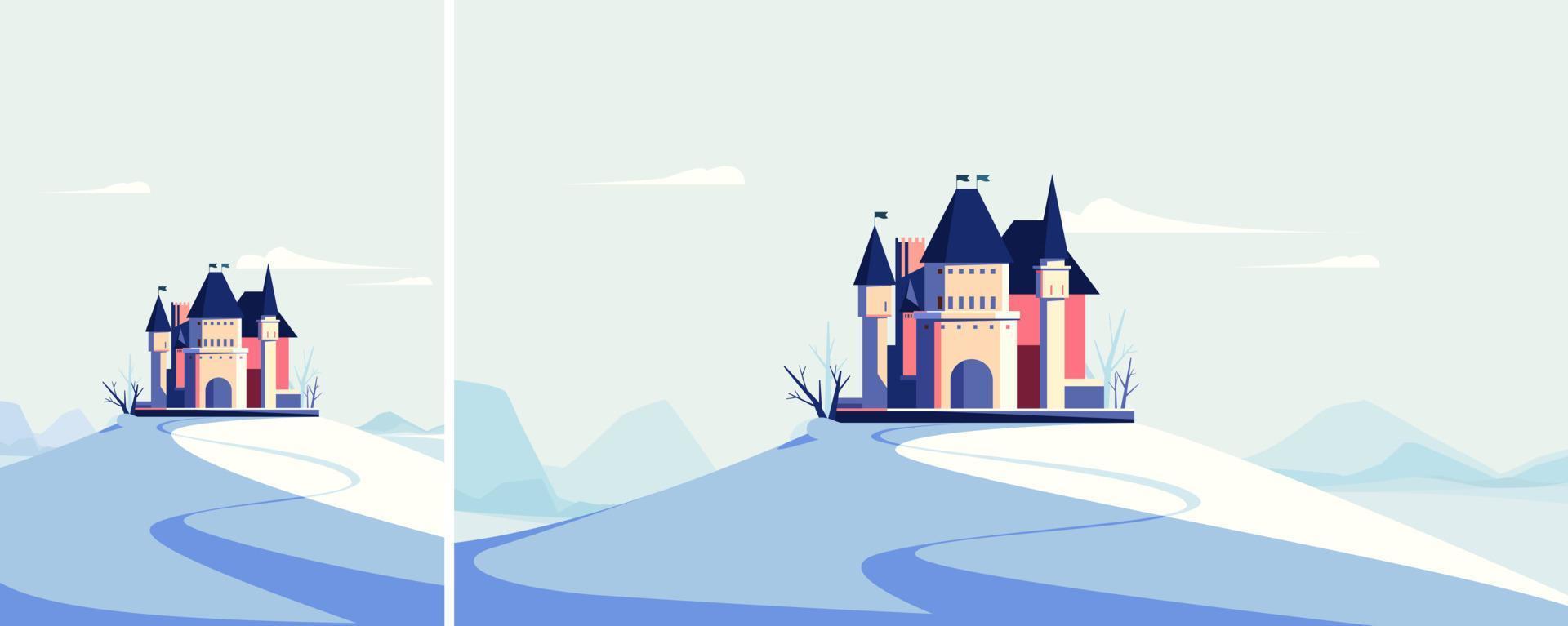 Castle on the hill in winter season. Landscape with medieval building in different formats. vector