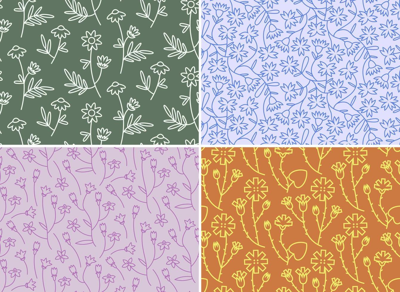 conjunto de patrones sin fisuras con flores silvestres. hermosas texturas naturales en estilo de contorno. vector