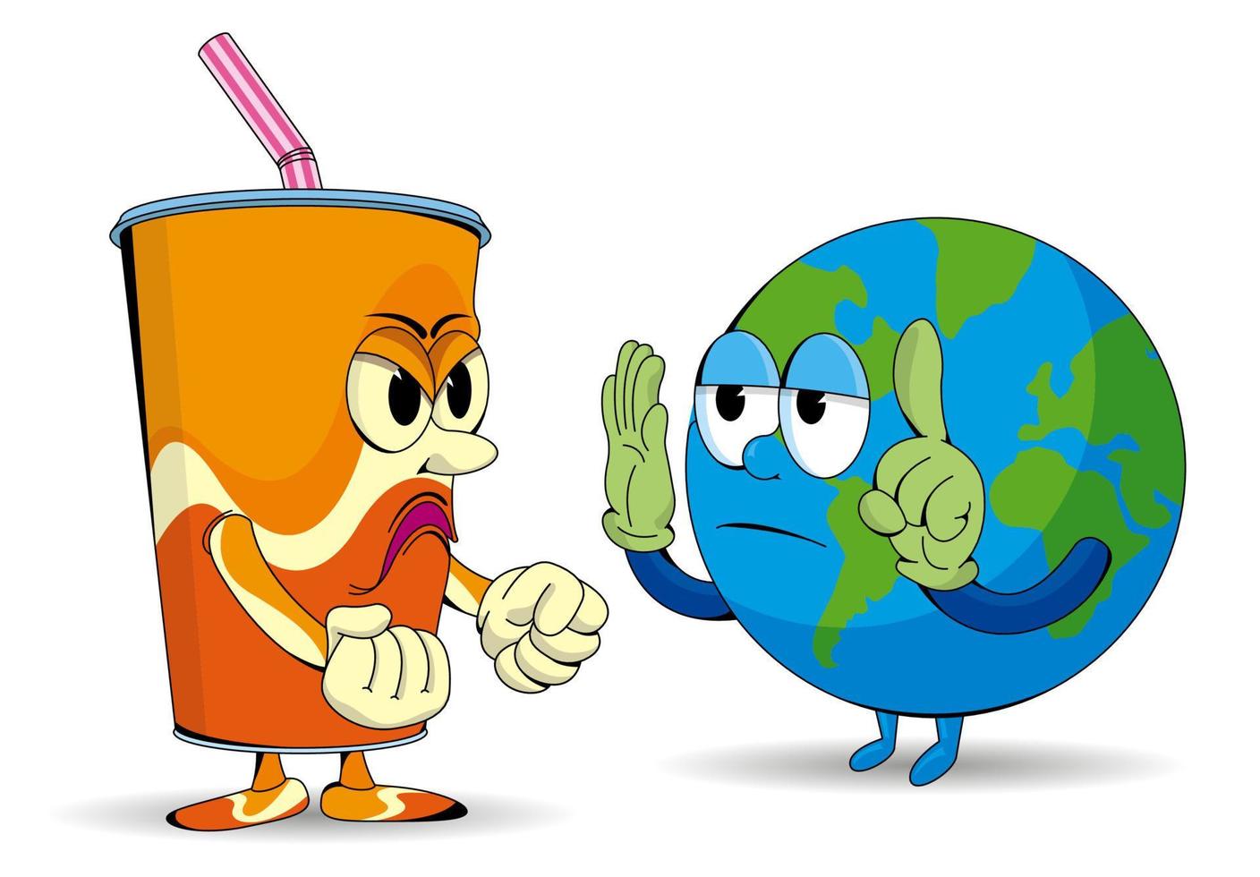 caricatura del planeta tierra discutiendo con un vaso de plástico desechable enojado sobre fondo blanco. imagen vectorial vector