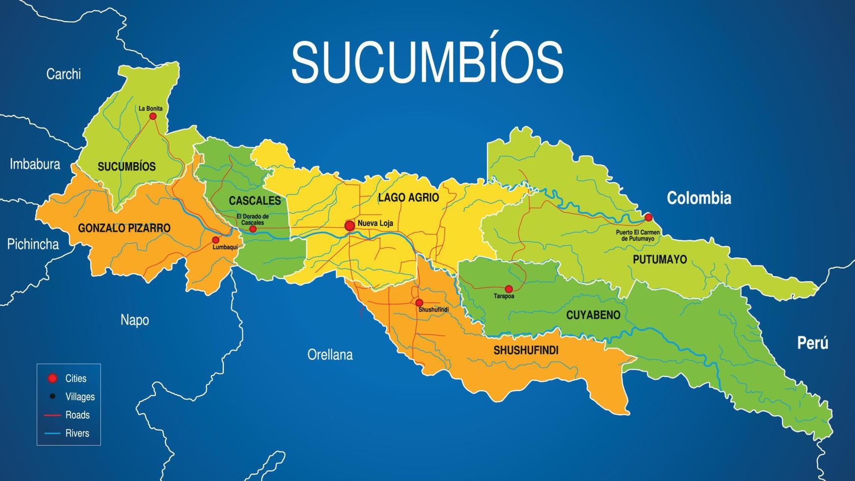 Political map of the province of Sucumbios in green and yellow on a blue background. Vector image