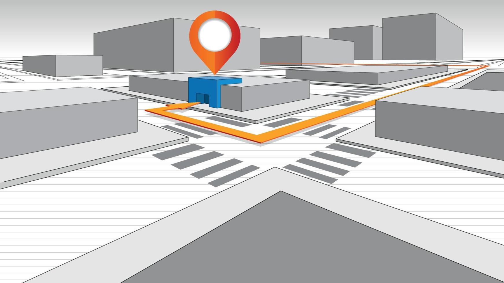 Detail of a 3-dimensional city plan with gray block buildings and a yellow direction arrow that ends in a blue building with position symbol. Vector image