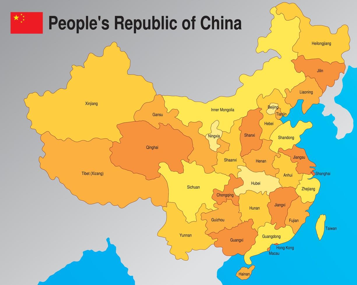 mapa político de la república popular de china con la división de las provincias con sus nombres en tonos amarillos y naranjas vector