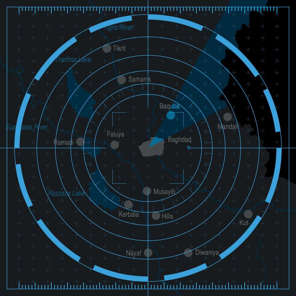 Map of the Baghdad area in gray tones under blue radar. Vector image