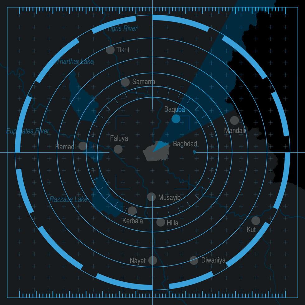 mapa del área de bagdad en tonos grises bajo radar azul. imagen vectorial vector