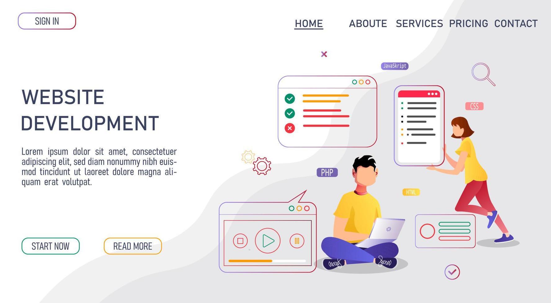 People working on the website development and design. Web agency, website builder, programmer, web designer concept. Vector illustration for banner, presentation, advertising, poster.