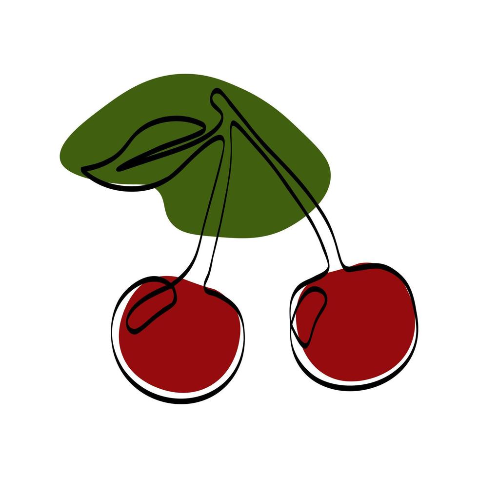 Continuous one line drawing cherry. Vector illustration. Black line art on white background with colorful spots.