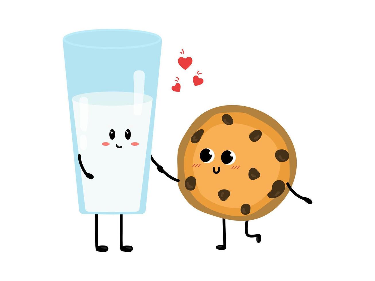 lindo vaso de leche y galleta enamorándose. concepto de amor y día de san valentín. ilustración aislada sobre fondo blanco. vector