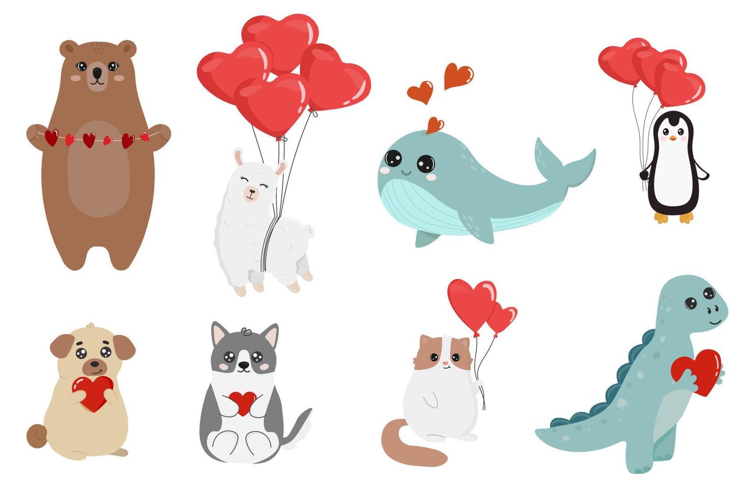 Cute funny animals with hearts. Happy Valentines day. Isolated objects on white background. vector