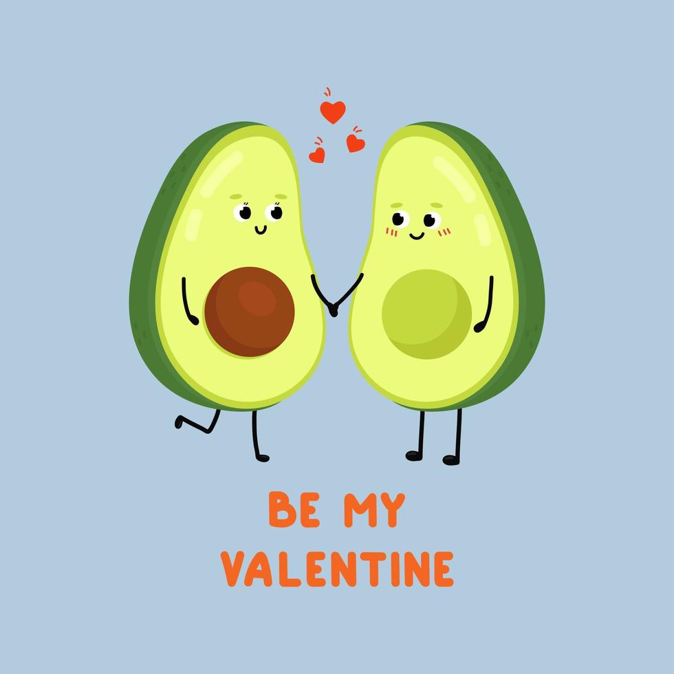 Cute avocado falling in love. Love and Valentine's Day concept. Be my Valentine. Illustration isolated on blue background. vector