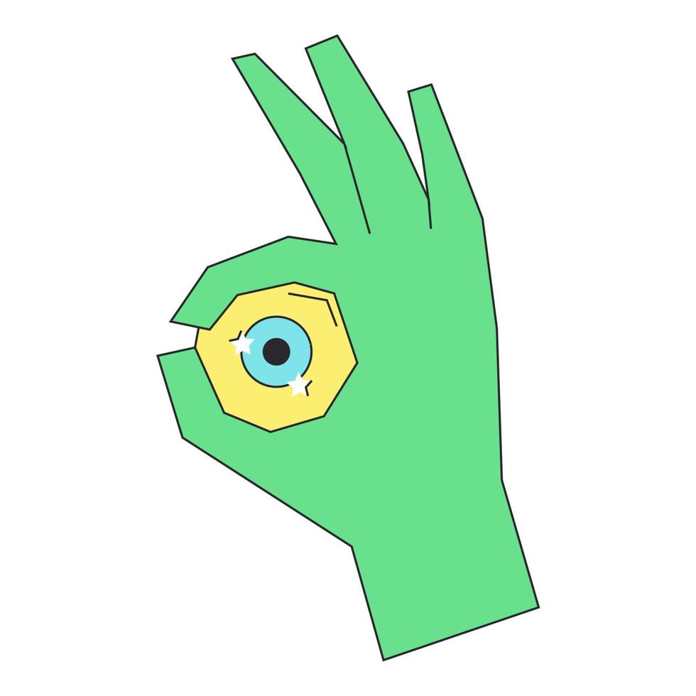 A zombie's green hand is holding an eye. Psychedelic style neon colors. Abstract illustration. Vector stock illustration isolated on white background