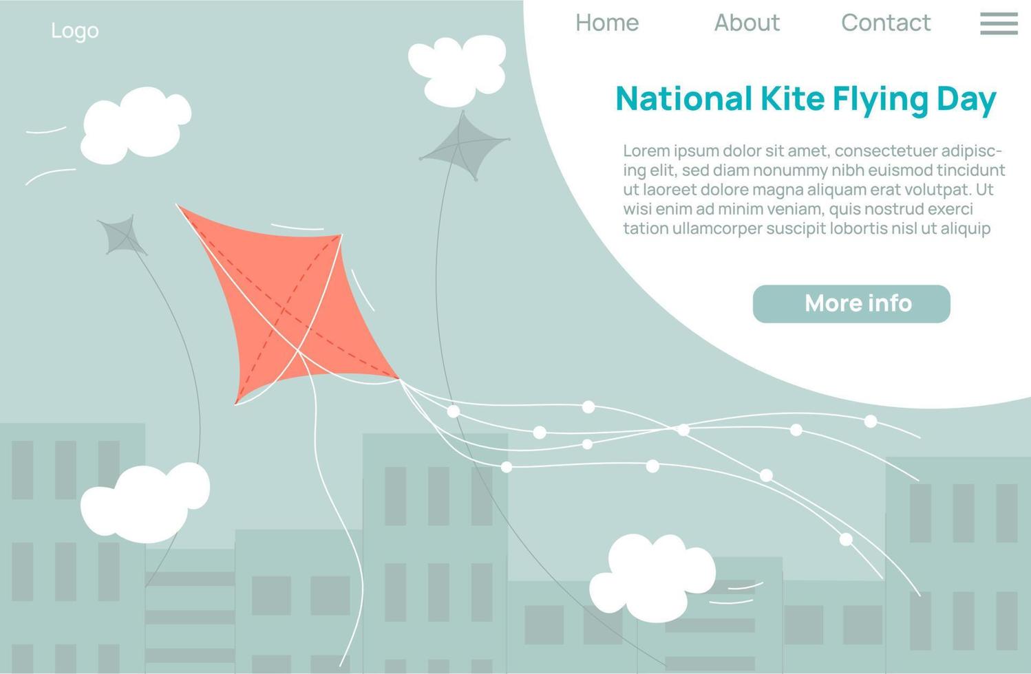 National Kite Flying Day web site landing page. Kites fly over the city. vector