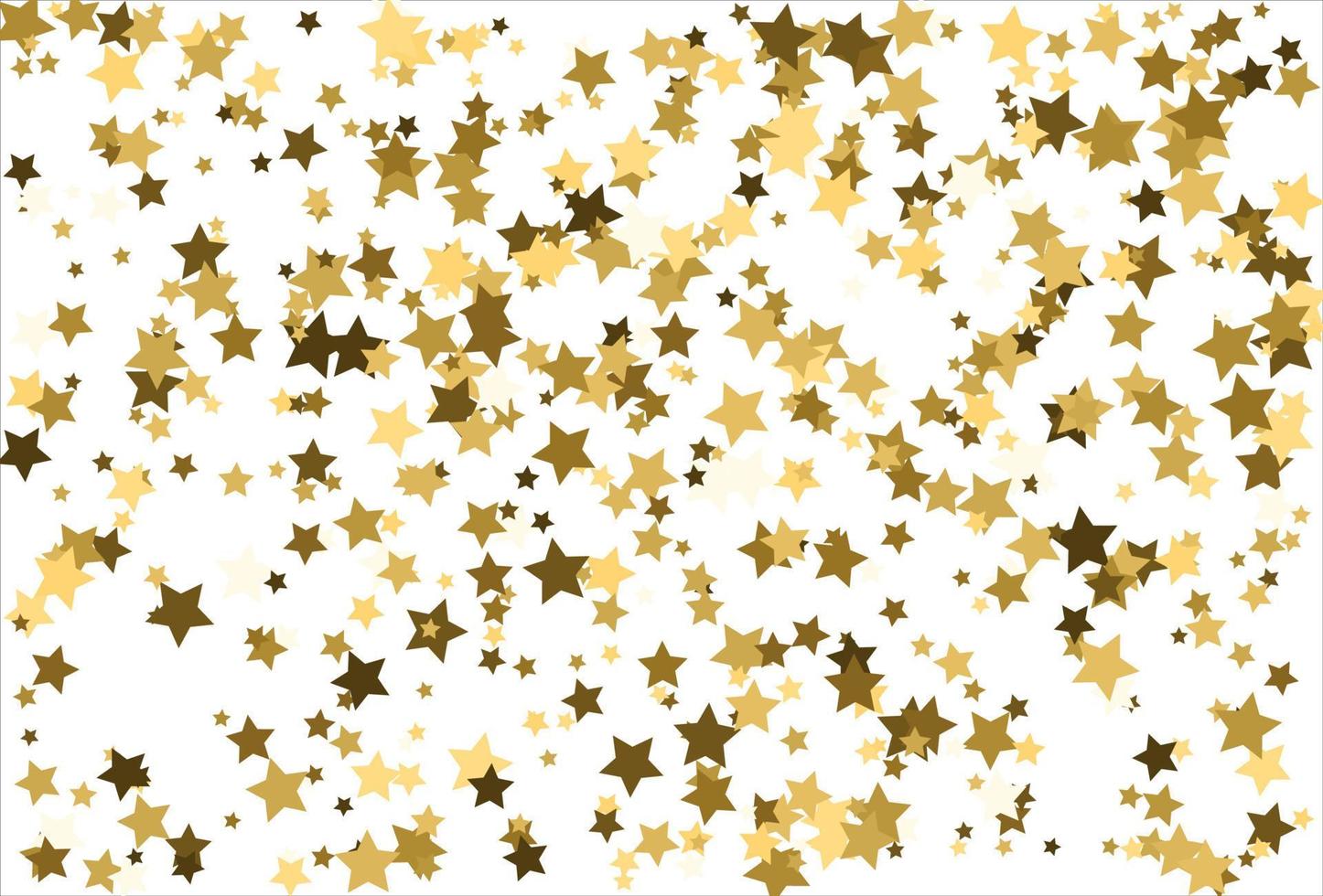 Random falling gold stars on white background. Glitter pattern for banner, greeting card, Christmas and New Year card, invitation, postcard, paper packaging vector