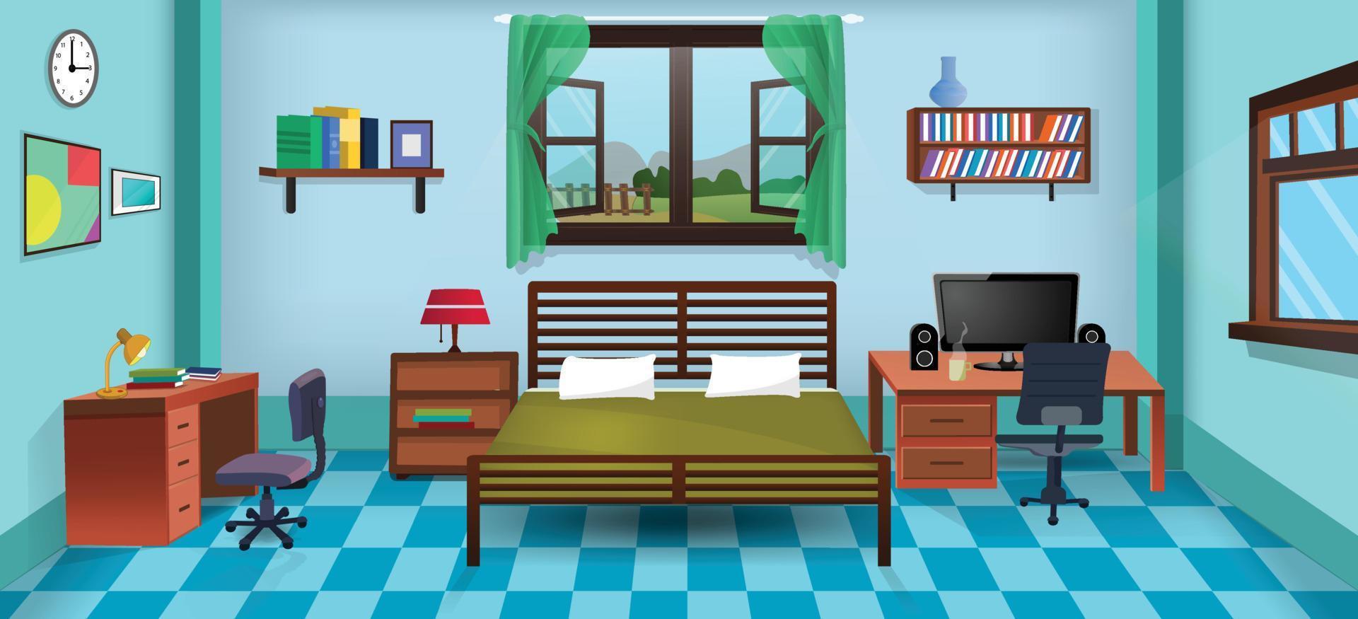 interior de salón de dibujos animados vectoriales con grandes ventanas, cama, silla, computadora y mesa. vector