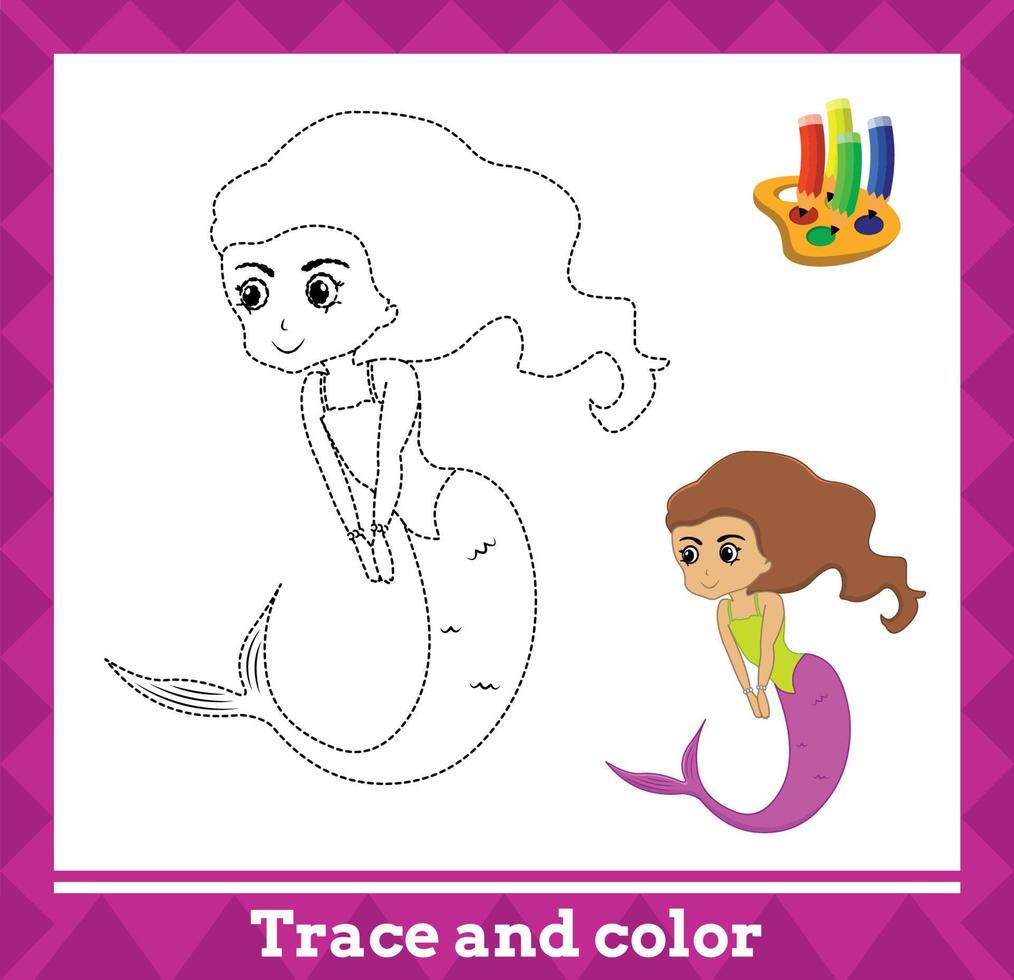 Trace and color for kids, mermaid no 19 vector illustration.