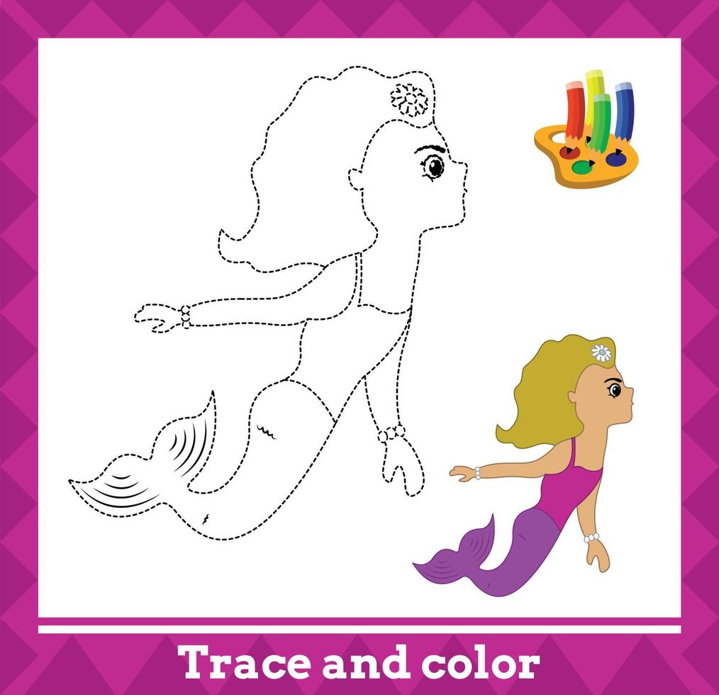 Trace and color for kids, mermaid no 18 vector illustration.