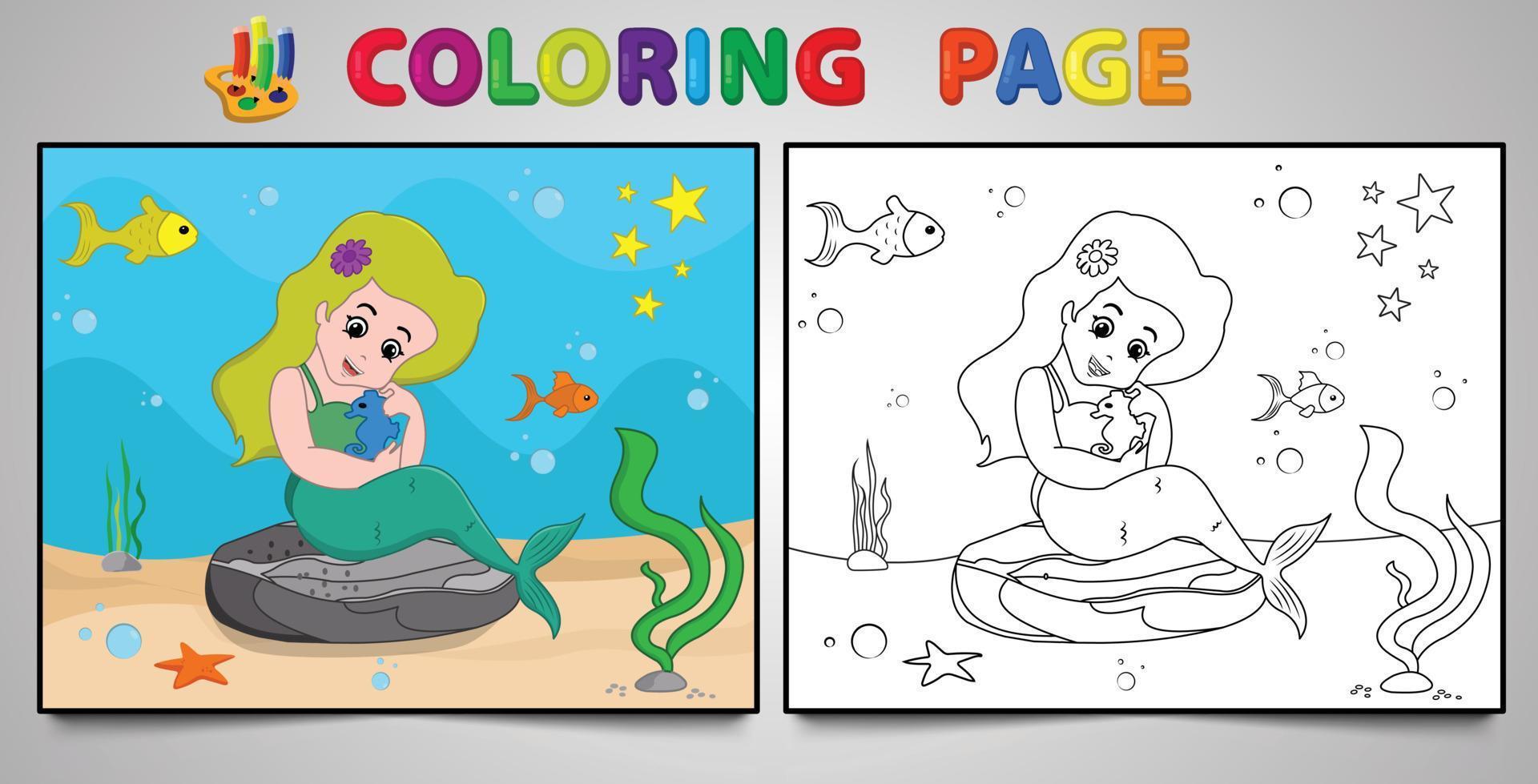 Cartoon mermaid coloring page no 14 kids activity page with line art vector illustration