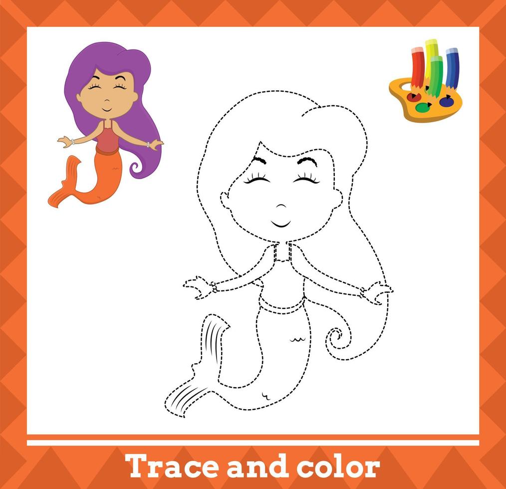 Trace and color for kids, mermaid no 12 vector illustration.