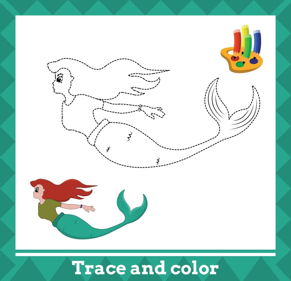 Trace and color for kids, mermaid no 20 vector illustration.