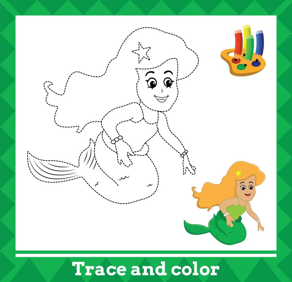 Trace and color for kids, mermaid no 6 vector illustration.