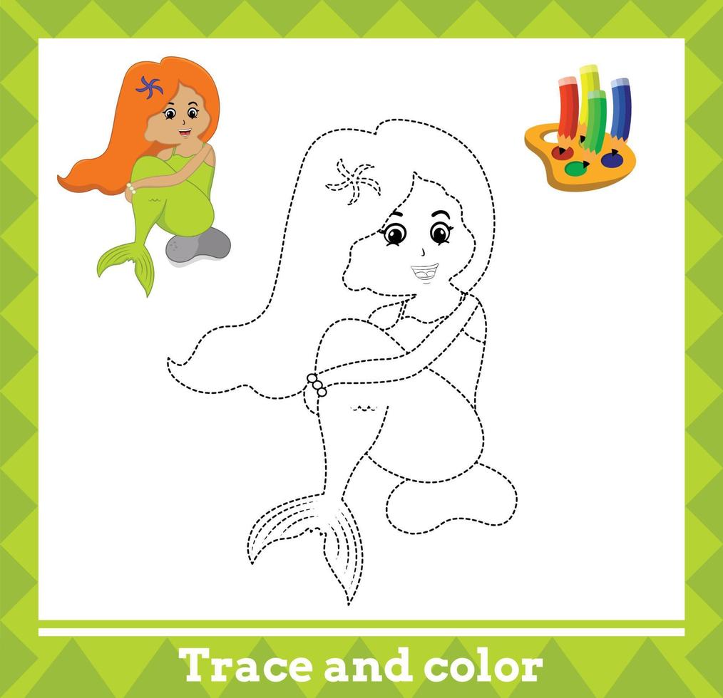 Trace and color for kids, mermaid no 4 vector illustration.