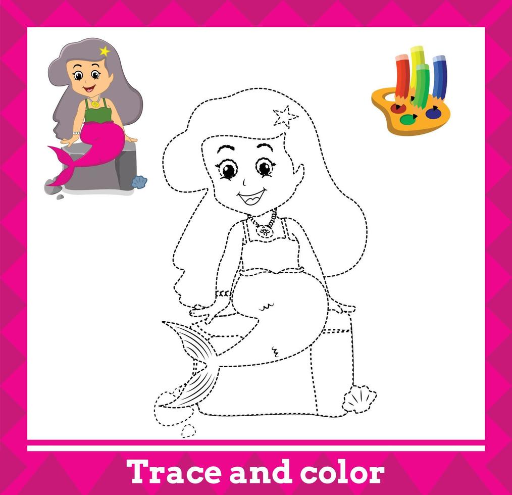 Trace and color for kids, mermaid no 5 vector illustration.