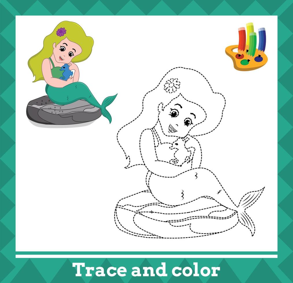 Trace and color for kids, mermaid no 14 vector illustration.