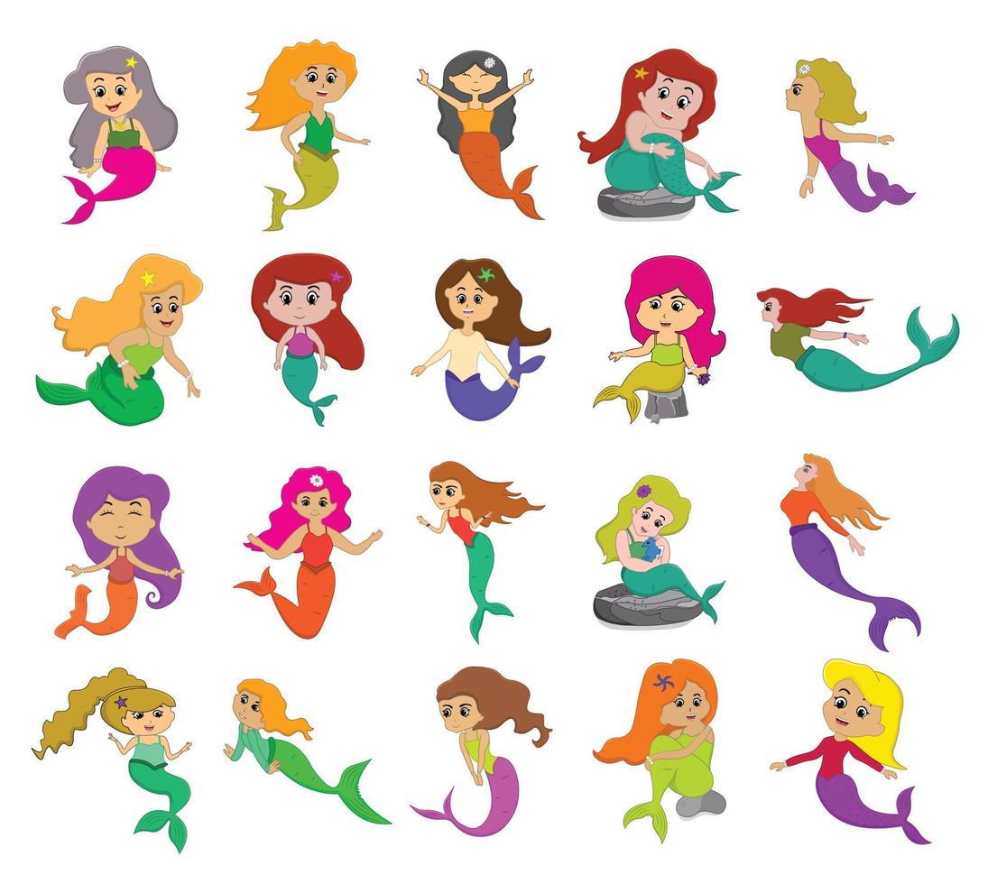 Cute little cartoon mermaid set, hand drawn vector illustration isolated on a white background.