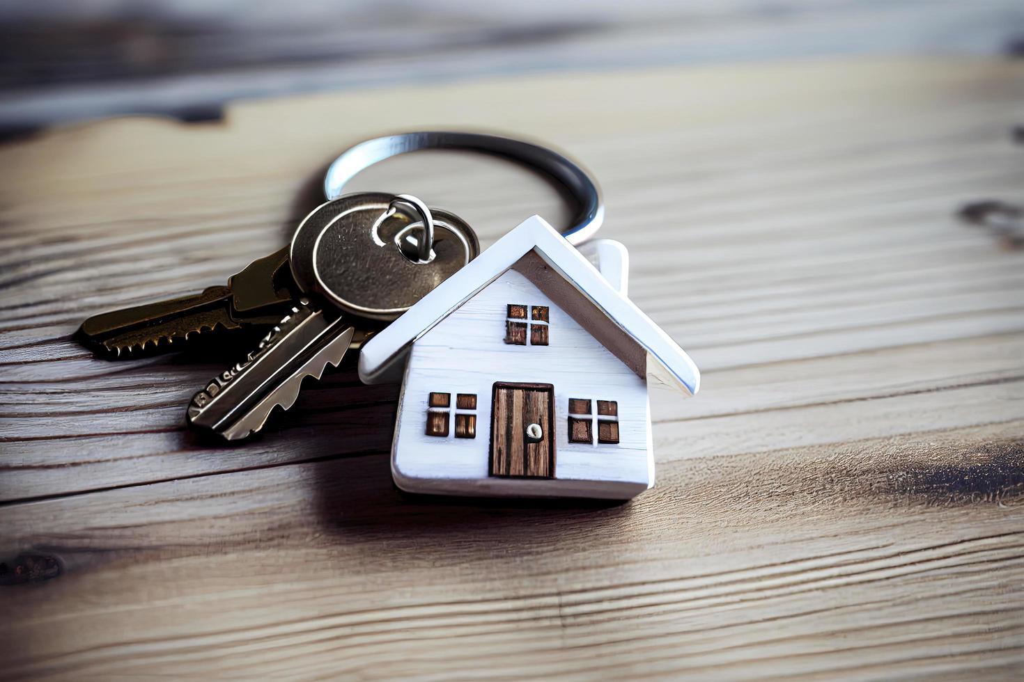 Real estate concept - Key ring and keys on white wooden background photo