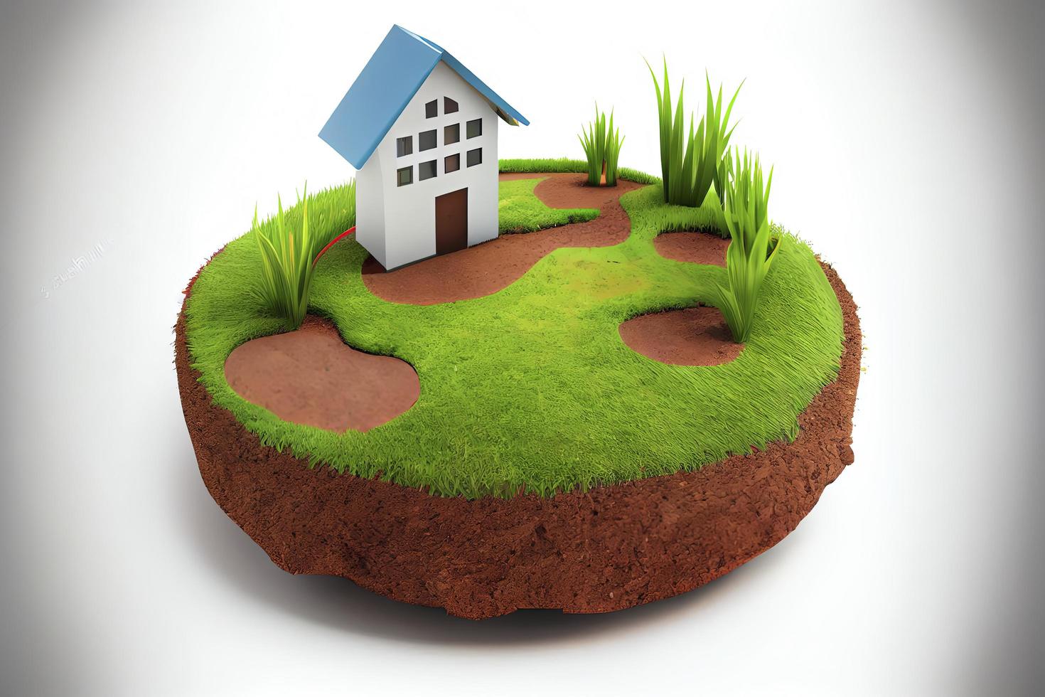 House symbol with location pin icon on round soil ground cross section with earth land photo