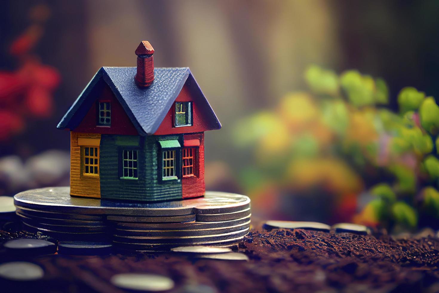 casa colorida en miniatura en monedas de pila usando como propiedad y concepto financiero foto