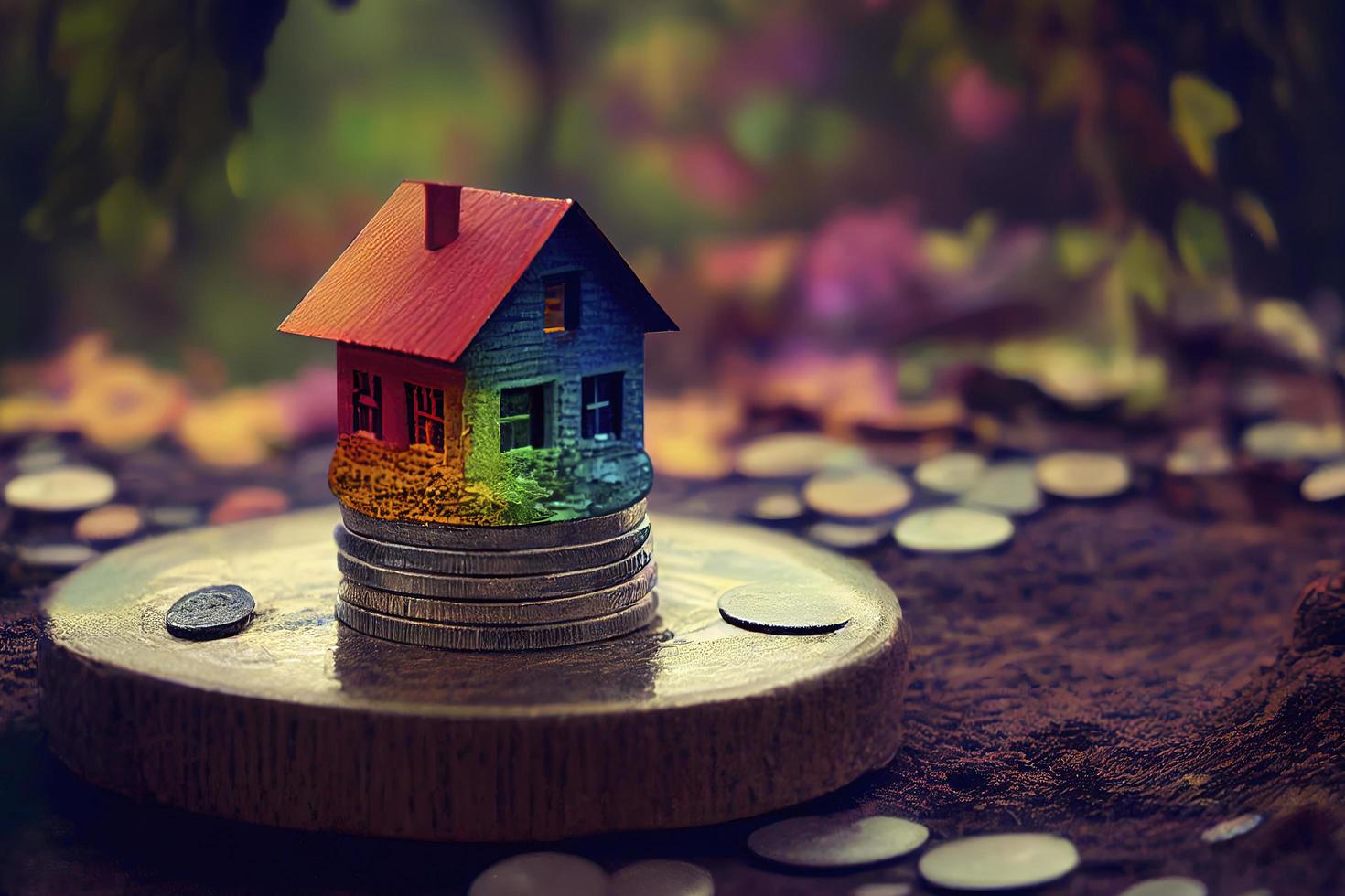 Miniature colorful house on stack coins using as property and financial concept photo