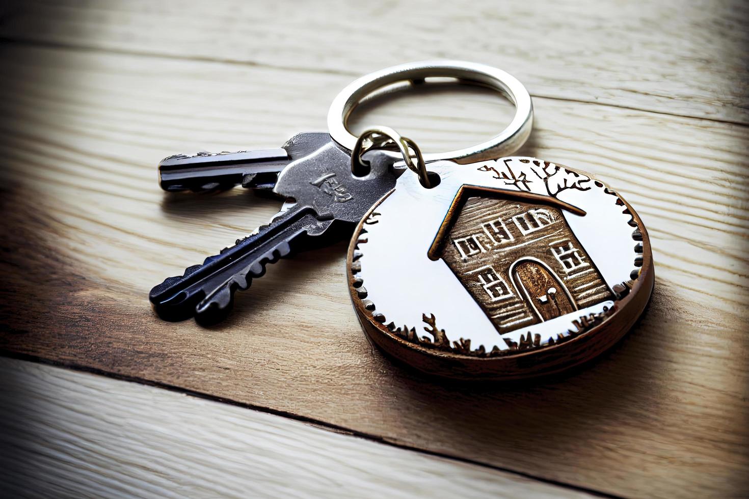 Real estate concept - Key ring and keys on white wooden background photo