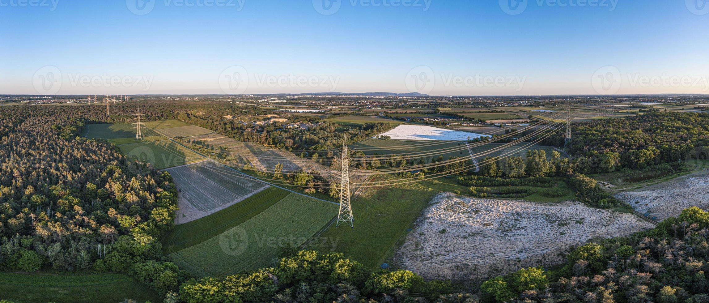 Panoramic image of high voltage road with high power poles in evening light photo