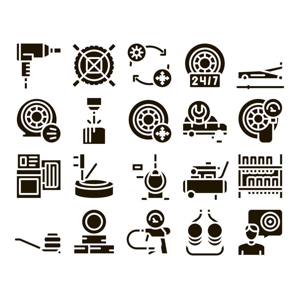 Tire Fitting Service Glyph Set Vector