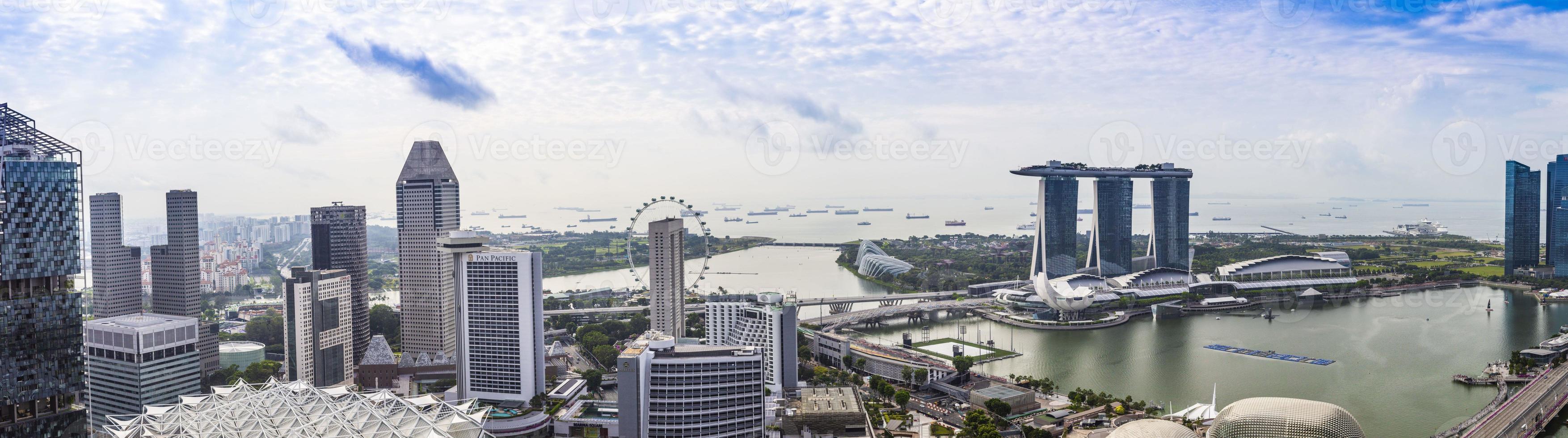 Aerial panoramic picture of Singapore skyline and gardens by the bay during preparation for Formula 1 race during daytime in autumn photo