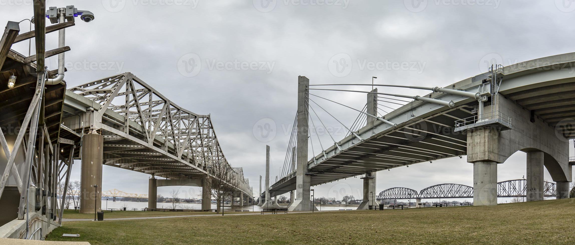 vista en perspectiva desde el suelo sobre john f. kennedy memorial bridge y abraham lincoln bridge en louisville durante el día foto