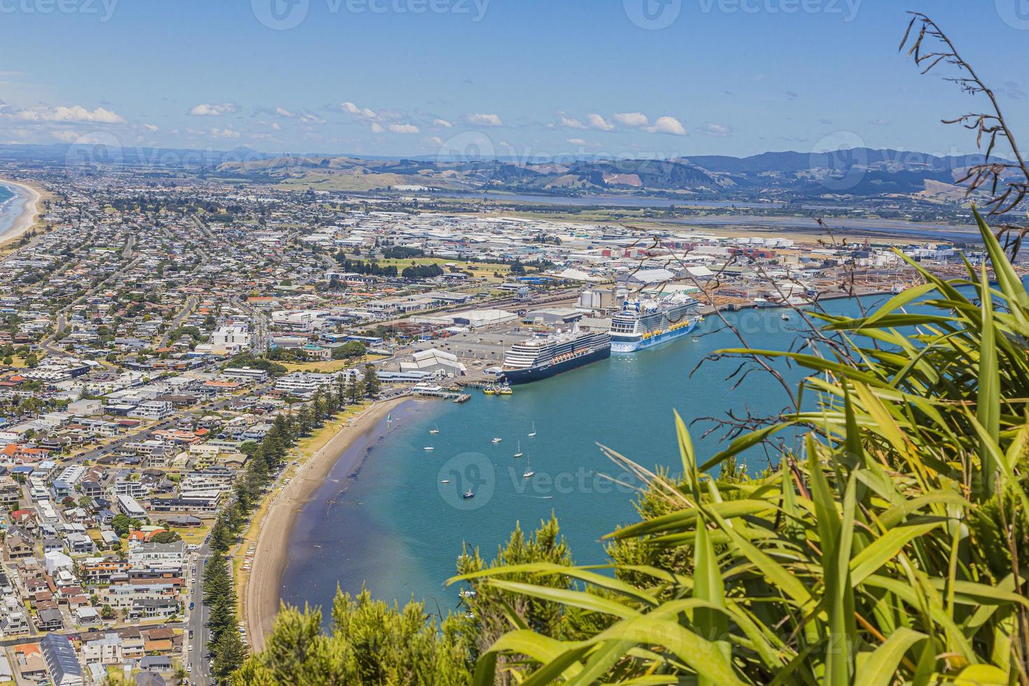Areal view on harbor and cruise ship terminal of Tauranga city on northern island of New Zealand in summer photo