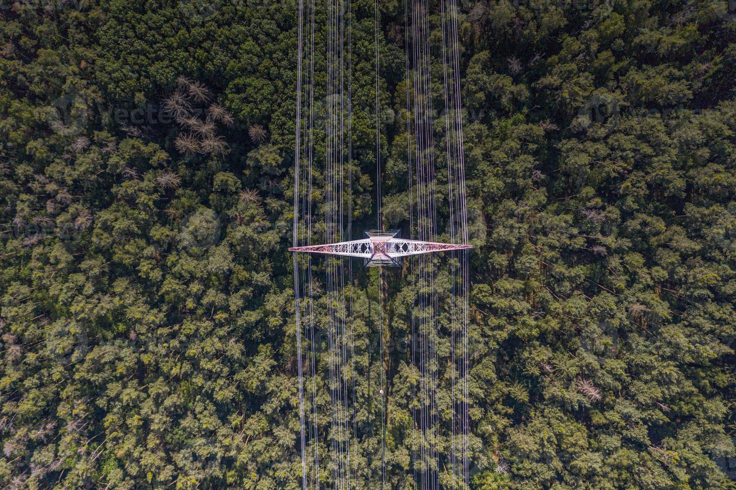 Vertical view on a metal power pole with high voltage wires over forest trees photo