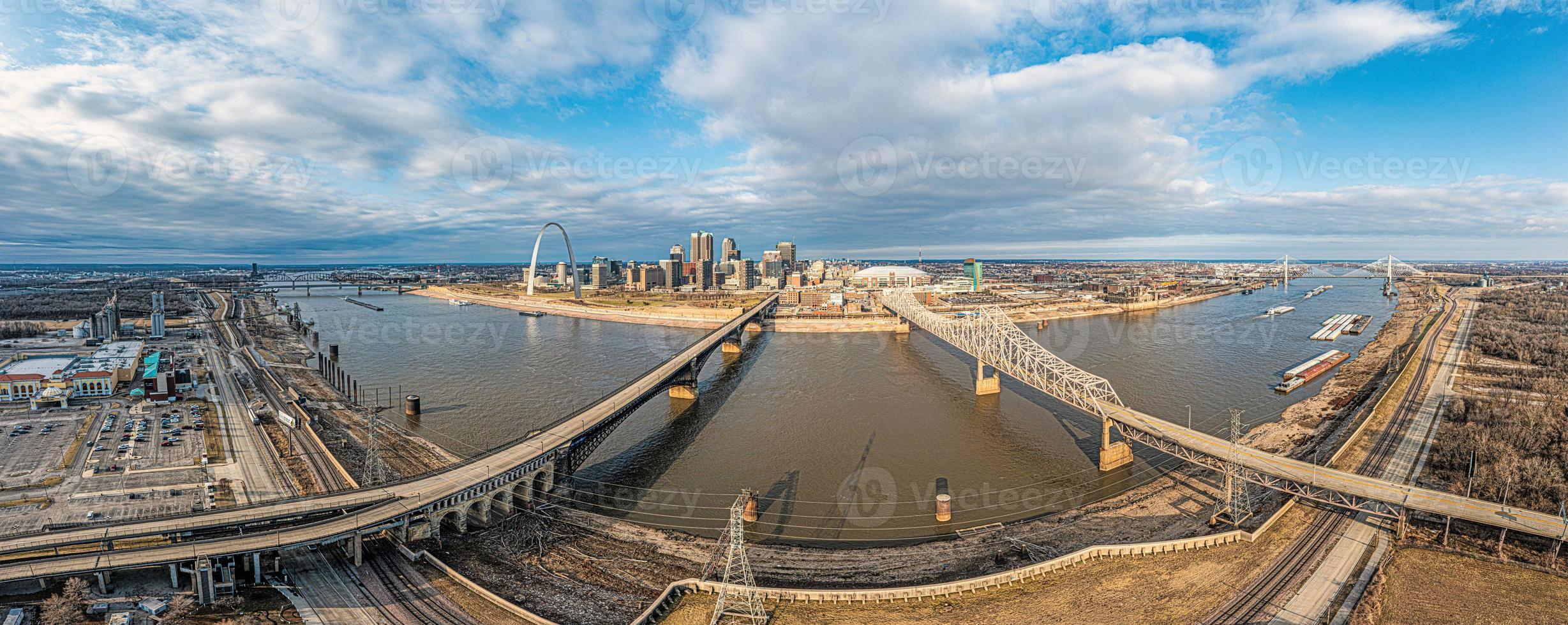 Drone panorama over St. Louis skyline and Mississippi River with Gateway Arch during daytime photo