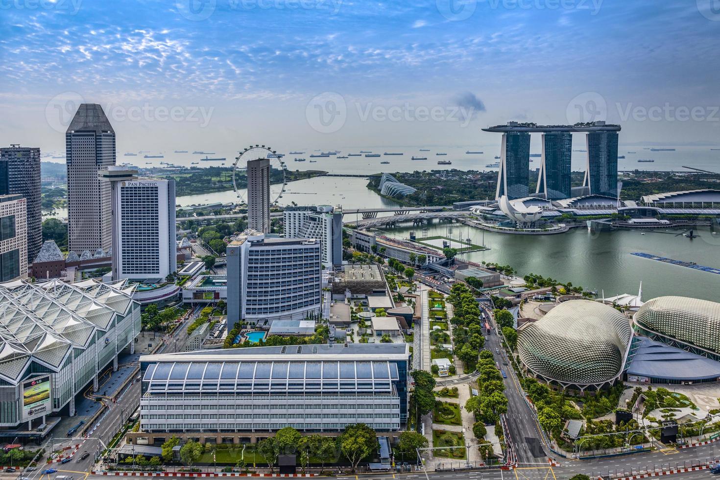 Aerial panoramic picture of Singapore skyline and gardens by the bay during preparation for Formula 1 race during daytime in autumn photo