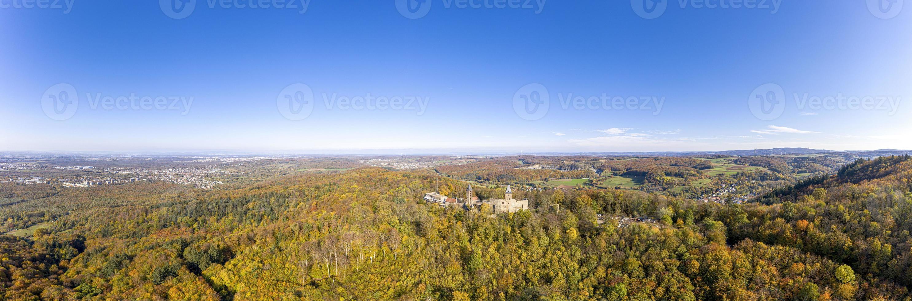 Drone photo of Frankenstein Castle near Darmstadt in Germany with a view over the Rhine-Main area in autumn