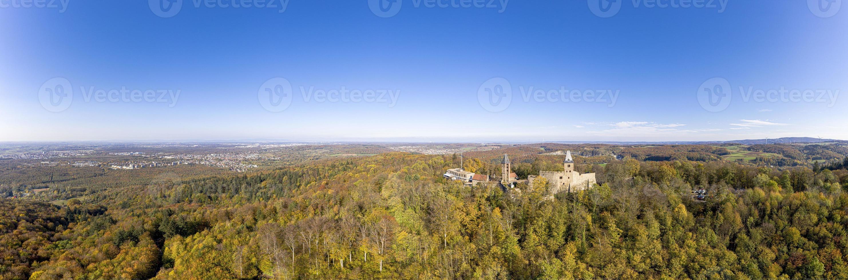 Drone photo of Frankenstein Castle near Darmstadt in Germany with a view over the Rhine-Main area in autumn