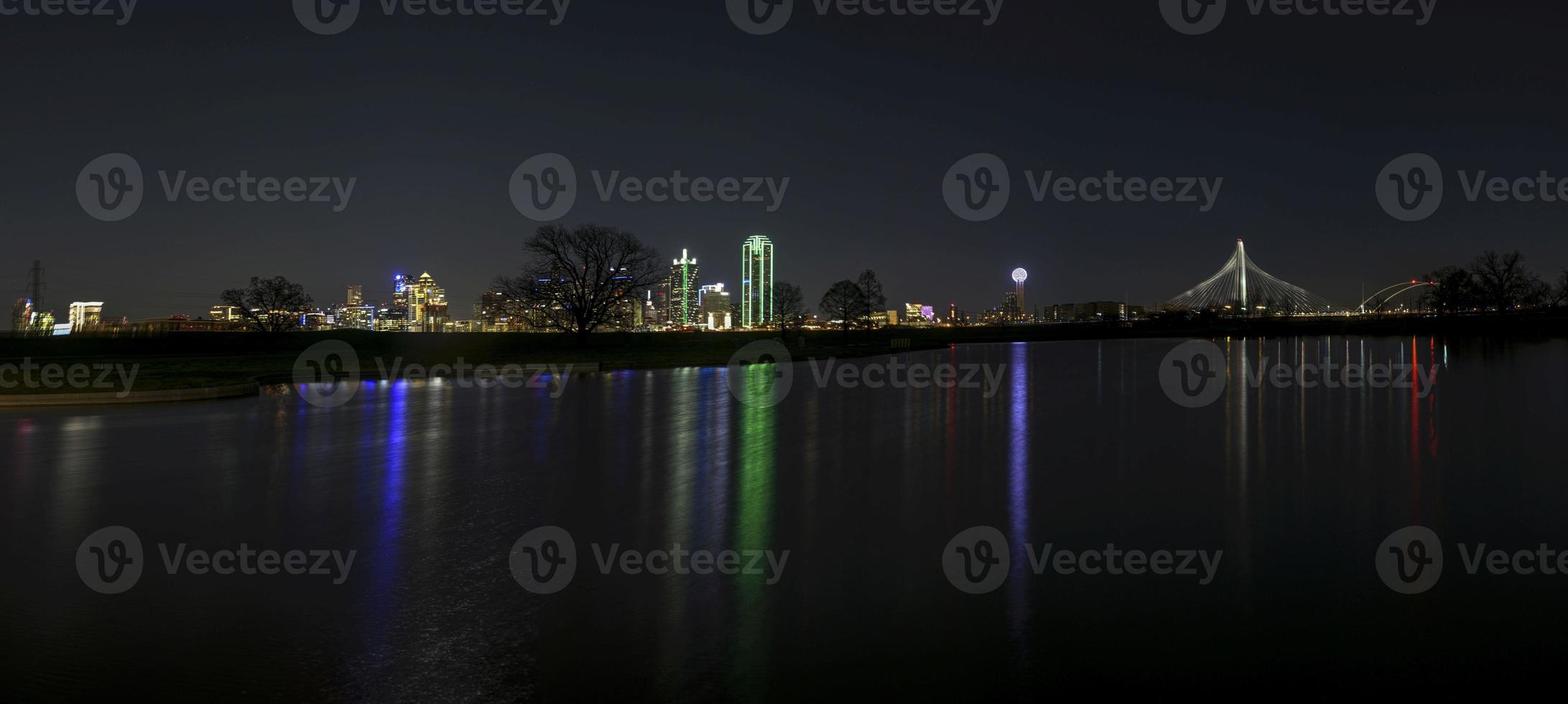 Panoramic picture of the Dallas Skyline from Trammel Crow Park at nighttime photo