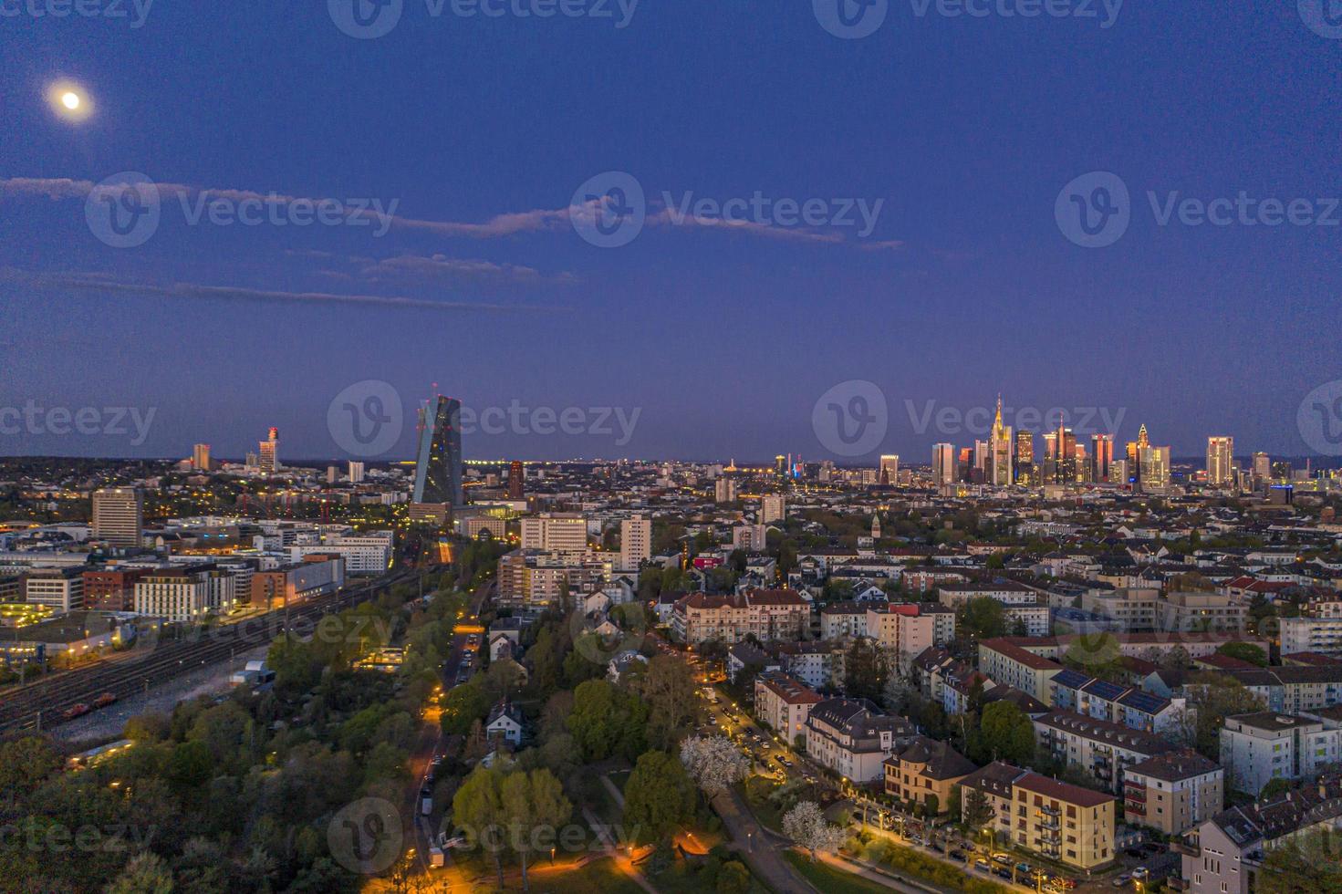 Aerial picture of Frankfurt skyline and European Central Bank building during sunrise in morning twilight photo